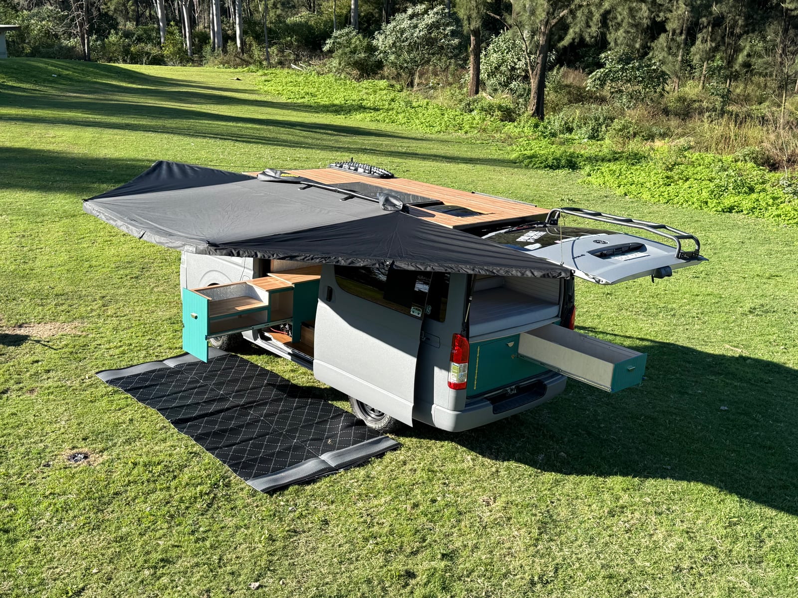 Teal Galley Hiace — Rear drawers slid out