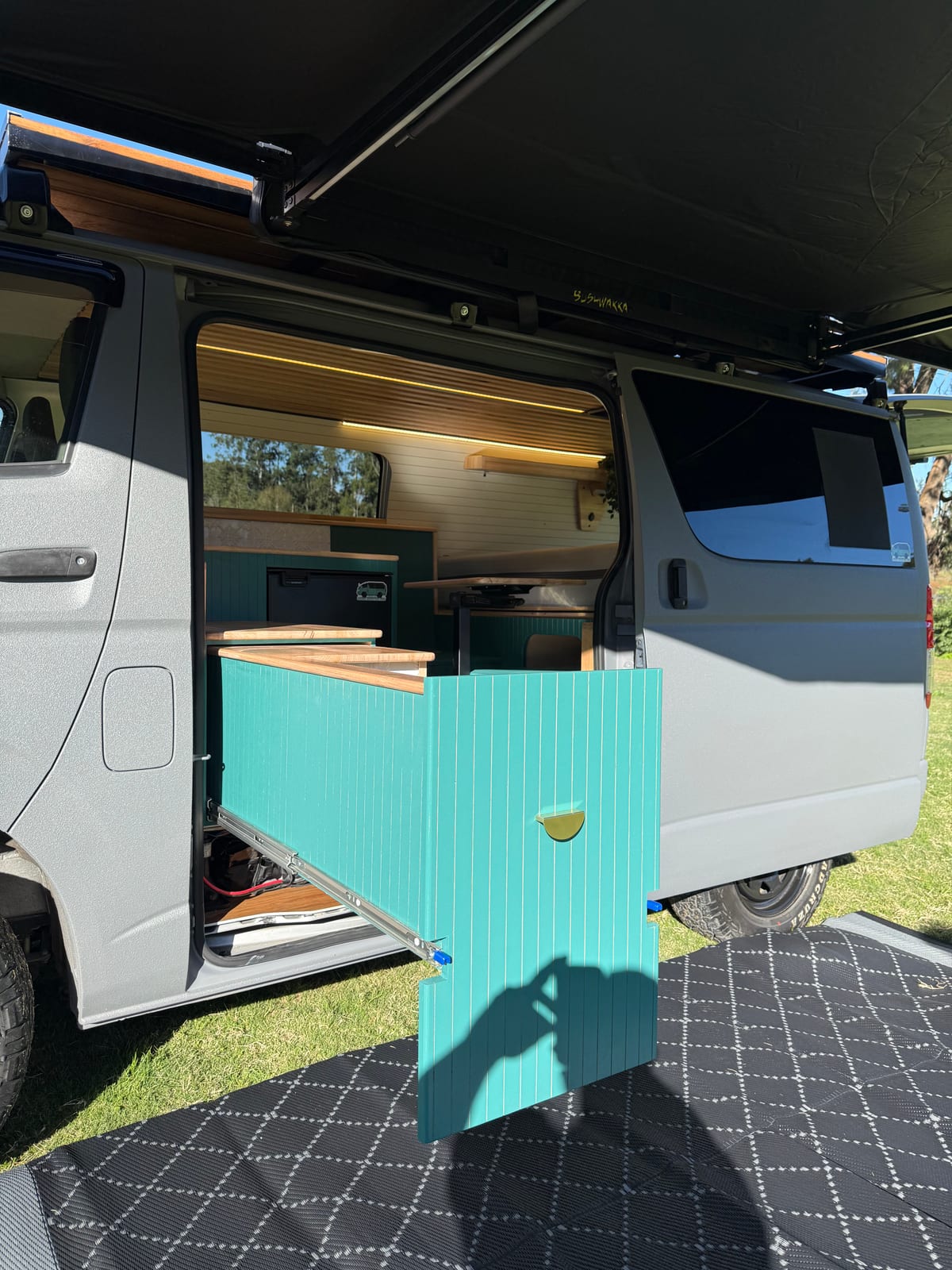 Teal Galley Hiace — Cabinetry and bench detail