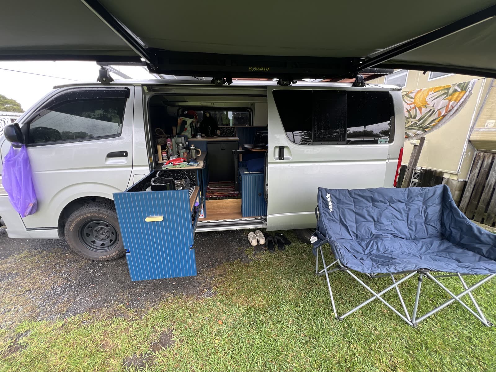 Awning out, chairs up